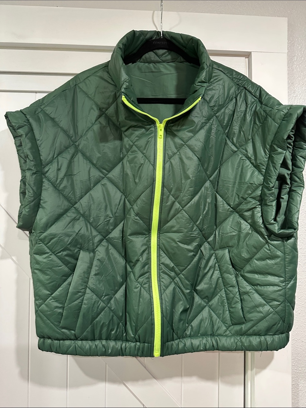 Amazon Quilted Short-Sleeve Puffer Vest in Forest Green with Lime Zipper